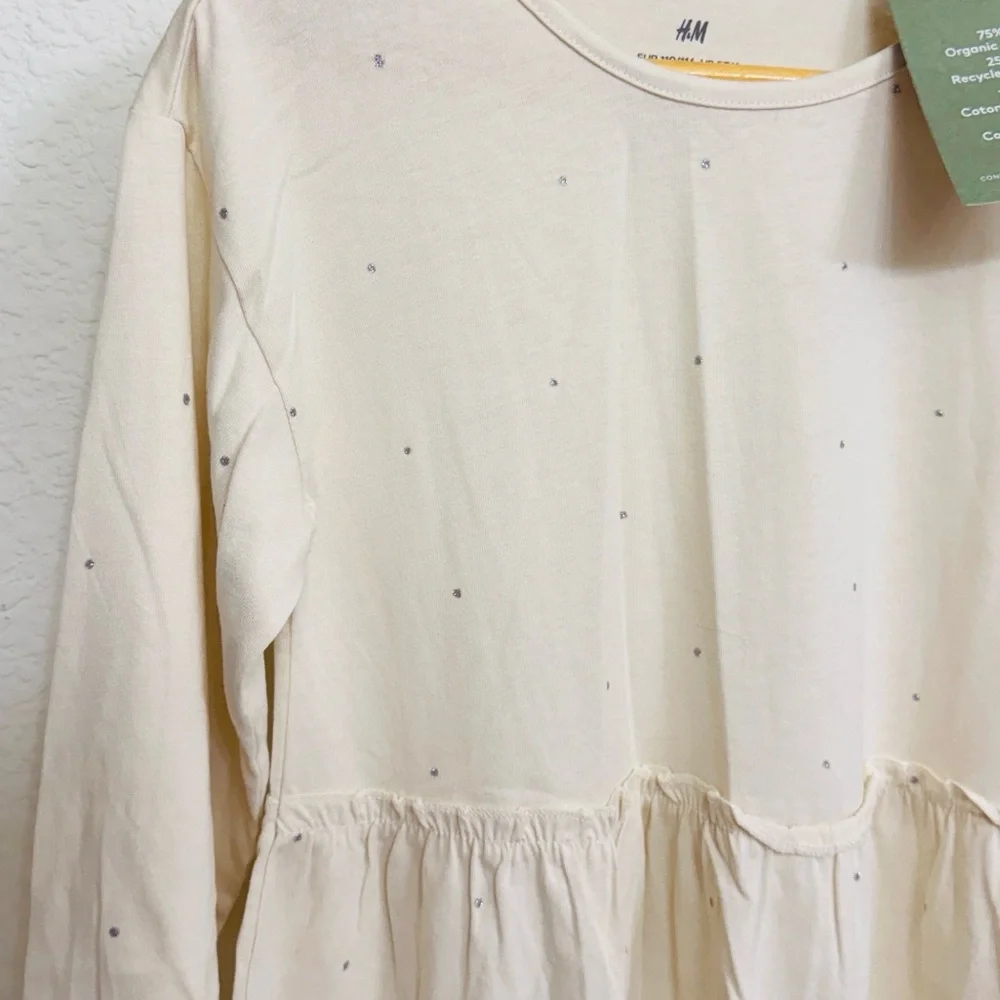 H&M • Cream Cotton Ruffle T-shirt Dress with Shimmering Silver Polka Dot Detail